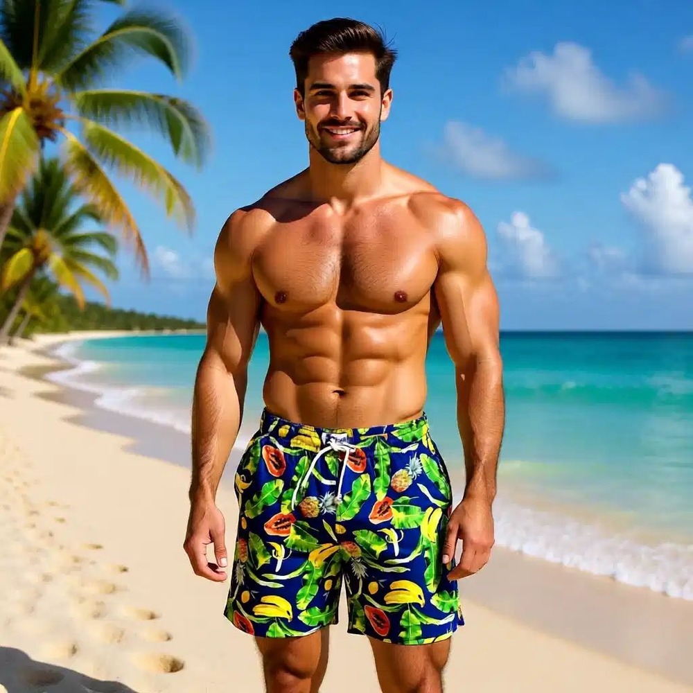 Trunks Surf & Swim Co Mens Tropical Fruit Print Swim Shorts Blue Yellow Size M‎